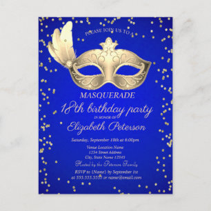 Invitation Carte Postale Masque Diamonds  Royal Blue 18 ans