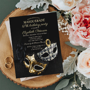 Invitation Carte Postale Masque élégant de bal noir, 18e anniversaire Masqu
