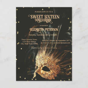 Invitation Carte Postale Masque Mardi Gras Diamants Noir Sweet 16