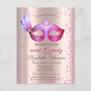Invitation Carte Postale  Masque Moderne Diamants Rose Gold Sweet 16 