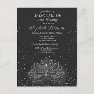 Invitation Carte Postale Masquerade, Confetti Masque Gris Sweet 16