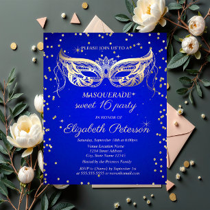 Invitation Carte Postale Masquerade Gold Diamonds Royal Blue Sweet 16
