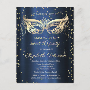 Invitation Carte Postale Masquerade Or Diamants Bleu Marine Sweet 16