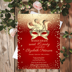 Invitation Carte Postale Masquerade Or Diamants,Masque,Rouge Sweet 16