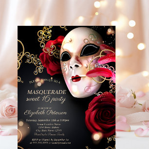 Invitation Carte Postale Masquerade Roses Rouges Sweet 16