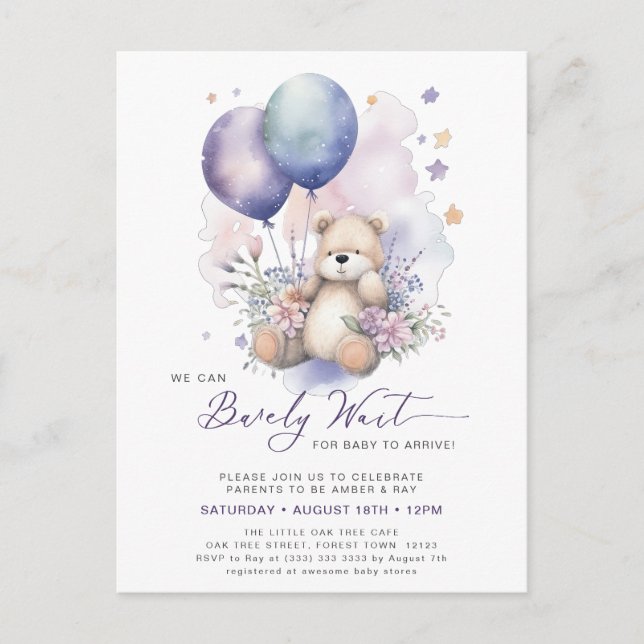 Invitation Carte Postale Mauve, on peut attendre le Baby shower fille (Devant)