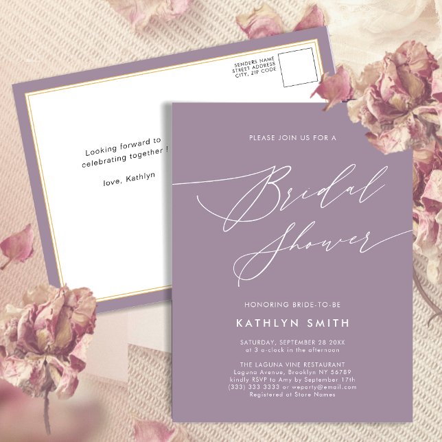 Invitation Carte Postale Mauve Purple Élégant Script Fête des mariées moder (Créateur téléchargé)