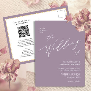 Invitation Carte Postale Mauve QR Code Tout en un Mariage de script moderne