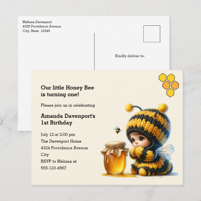 Invitation Carte Postale Mignonne fille en costume d'abeille avec du miel A (Devant / Derrière)