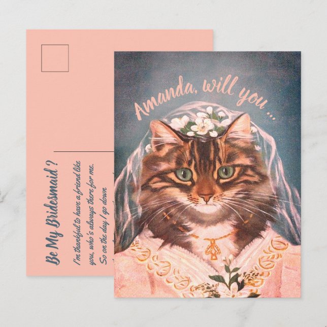 Invitation Carte Postale Mignonne mariée au chat soit ma demoiselle d'honne (Devant / Derrière)