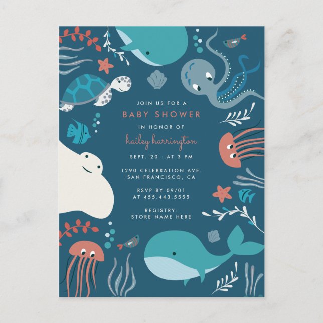 Invitation Carte Postale Mignonne Nautique Sous Le Baby shower De Mer (Devant)