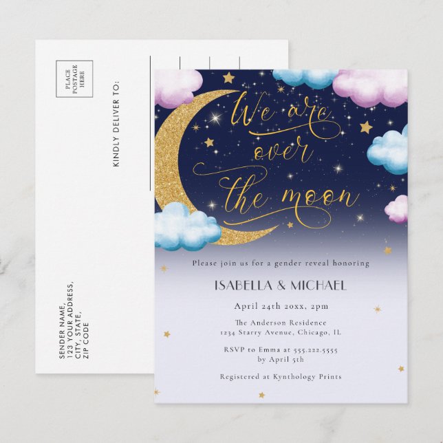 Invitation Carte Postale Mignonne Over the Moon Genre Reveal Party (Devant / Derrière)