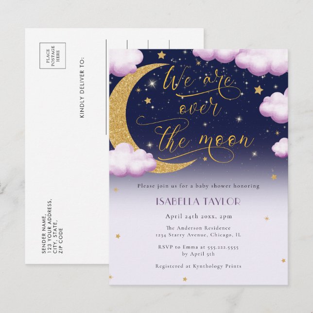 Invitation Carte Postale Mignonne sur la lune Baby shower fille (Devant / Derrière)