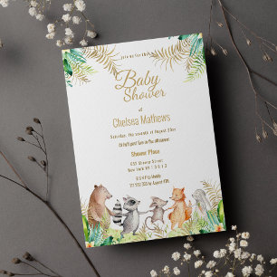 Invitation Carte Postale Mignonne Vert Or Brown Animaux Floraux Baby shower