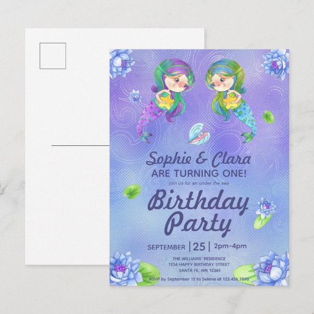 Invitation Carte Postale Mignonnes sous la mer Twin Girls Anniversaire (Devant / Derrière)