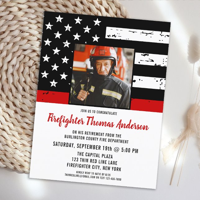 Invitation Carte Postale Mince ligne rouge Photo pompier Parti de retraite (Créateur téléchargé)