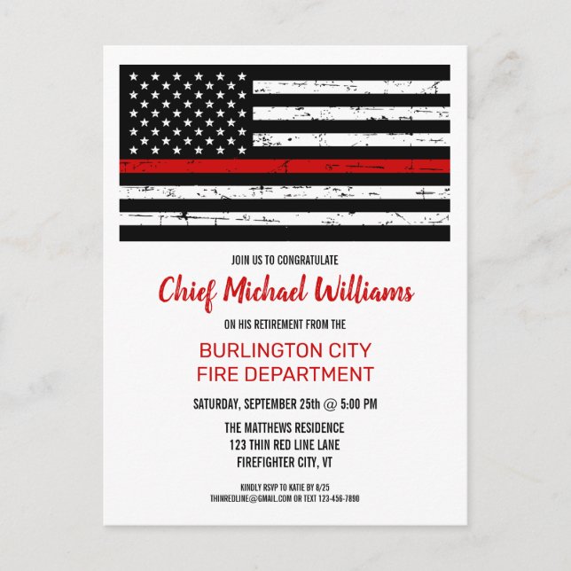 Invitation Carte Postale Mince Red Line Flag Pompier Pompier retraite (Devant)