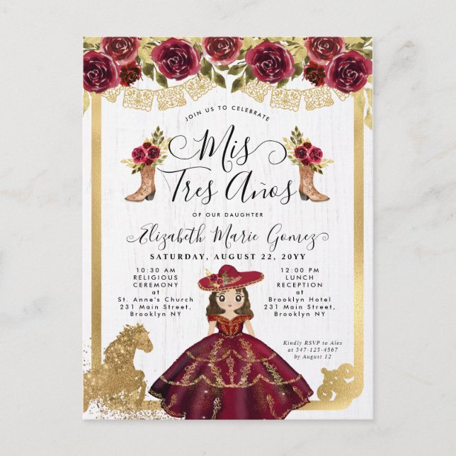 Invitation Carte Postale Mini princesse Quinceanera en or de Bourgogne (Devant)