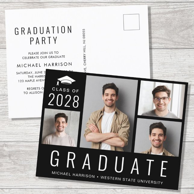 Invitation Carte Postale Minimal moderne 4 photo Black Graduation Party (Créateur téléchargé)