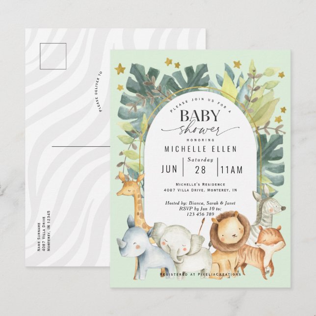 Invitation Carte Postale Mint bébé garçon douche Jungle animaux safari (Devant / Derrière)