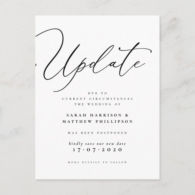 Invitation Carte Postale Mise à jour : Annonce de mariage reportée (Devant)