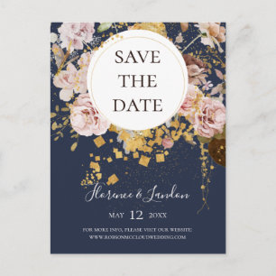 Invitation Carte Postale Moderne Blush Floral Navy Enregistrer La Date Cart