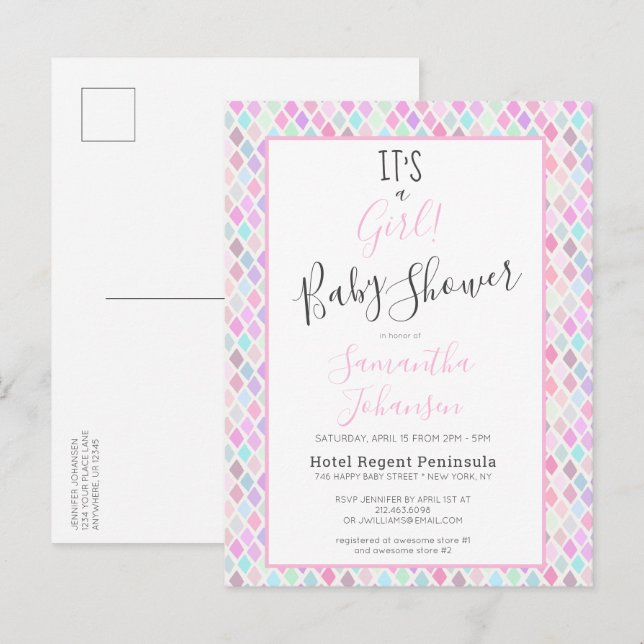 Invitation Carte Postale Moderne C'est une fille Baby shower Motif géométri (Devant / Derrière)