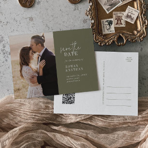 Invitation Carte Postale Moderne Chic Olive Green QR Code Enregistrer la da