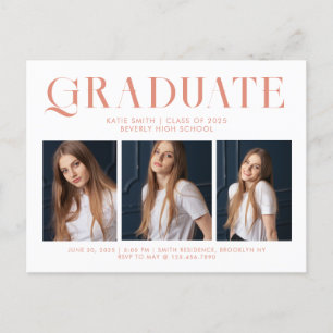 Invitation Carte Postale Moderne Elégant Minimaliste Graduation Trois Photo