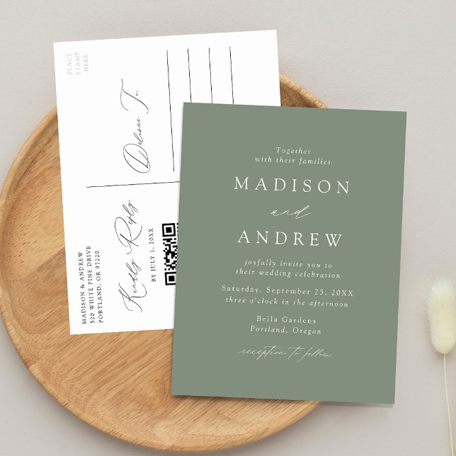 Invitation Carte Postale Moderne Elegant Sage Green QR Code Mariage (Créateur téléchargé)