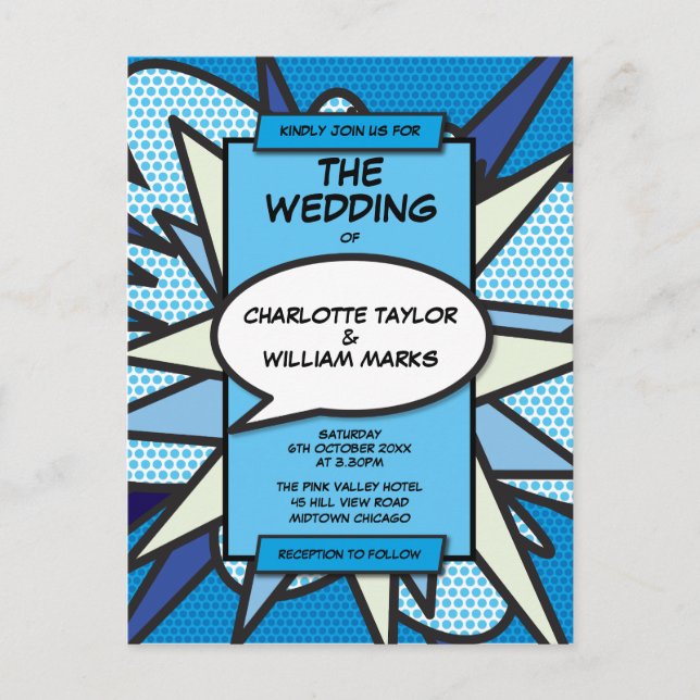 Invitation Carte Postale Moderne Fun Blue Comic Mariage de livre (Devant)