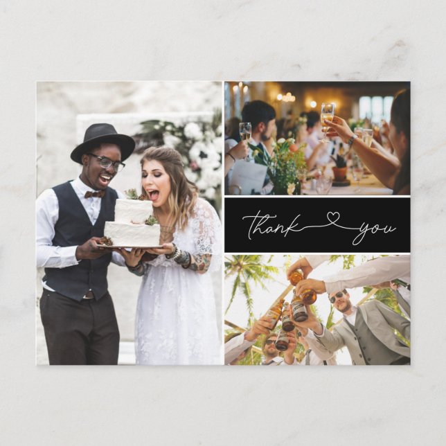 Invitation Carte Postale Moderne trois Mariage de script photo Merci (Devant)