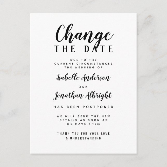 Invitation Carte Postale Modifier La Date Mariage Reporté Noir & Blanc (Devant)