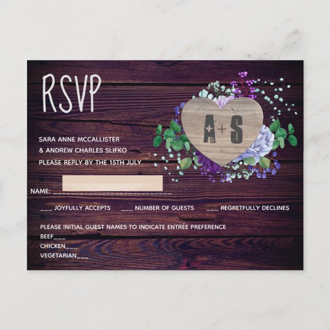 Invitation Carte Postale Monogramme cardiaque gravé rustique RSVP Bois flor (Devant)