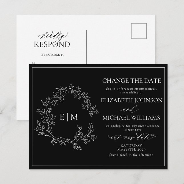 Invitation Carte Postale Monogramme De Cimier Blanc Noir Changer La Date (Devant / Derrière)