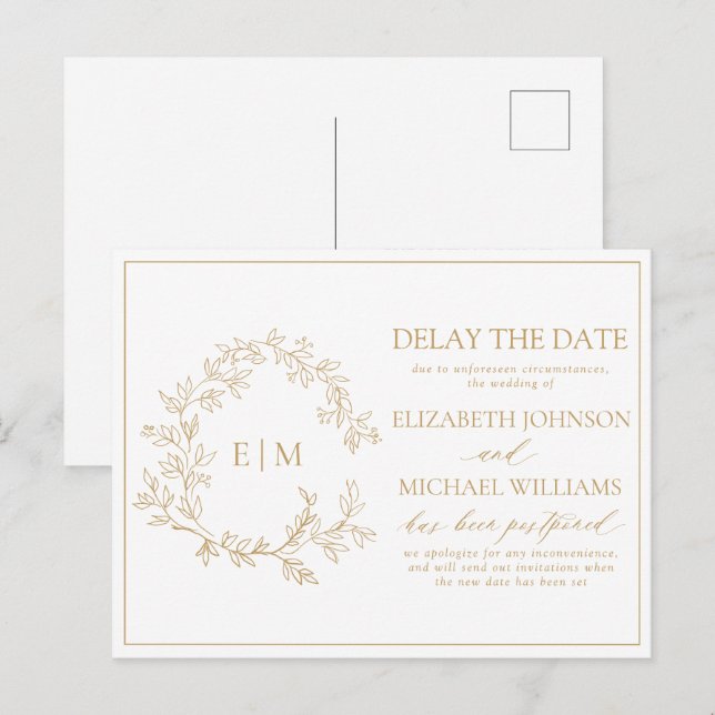 Invitation Carte Postale Monogramme De Cimier D'Or Retard De La Date (Devant / Derrière)