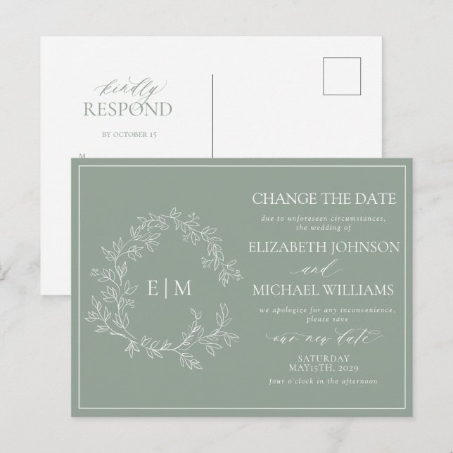 Invitation Carte Postale Monogramme De Cimier Vert Sage Modifier La Date Da (Devant / Derrière)
