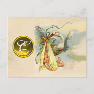 INVITATION CARTE POSTALE MONOGRAMME EN PIERRE DE BABY SHOWER JAUNE NEUTRE