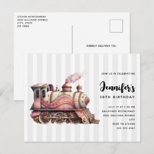 Invitation Carte Postale Moteur de train rose Style Steampunk Vintage Anniv