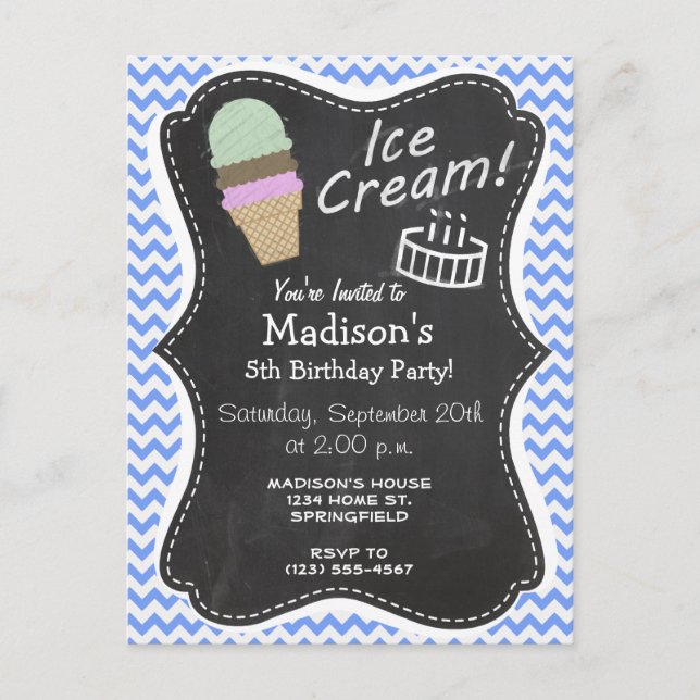 Invitation Carte Postale Motif Chevron Bleu; cône de crème glacée (Devant)