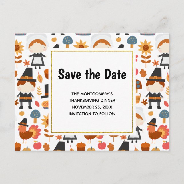 Invitation Carte Postale Motif des pèlerins de Thanksgiving Sauvez la date (Devant)