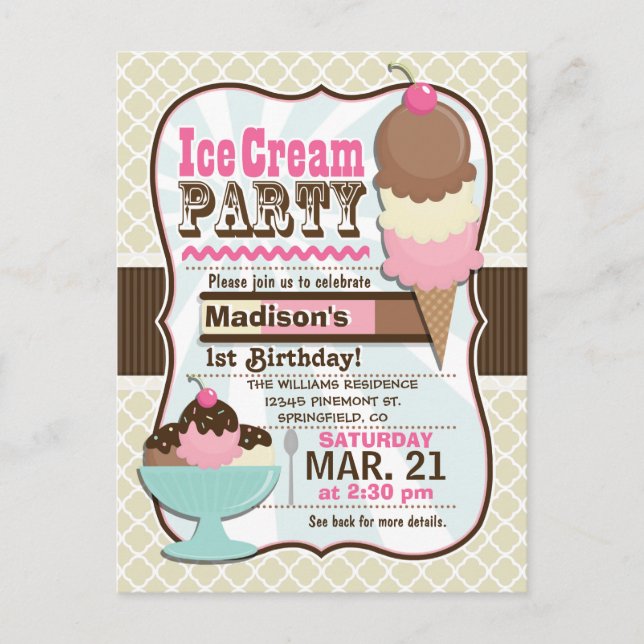 Invitation Carte Postale Napolitaine Crème de glace fête d'anniversaire pou (Devant)