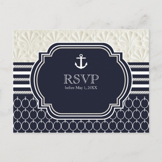 Invitation Carte Postale Nautique Marine & White Elegant Beach Wedding RSVP (Devant)