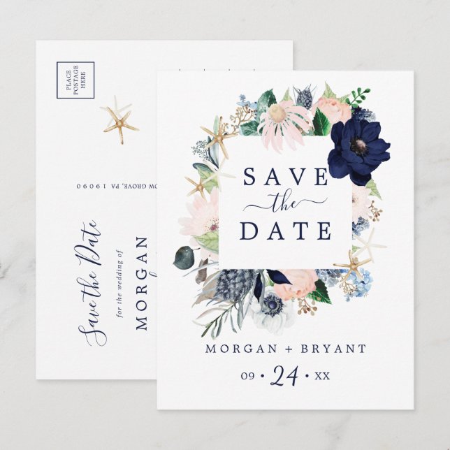 Invitation Carte Postale Nautique moderne | Floral Enregistrer la date cart (Devant / Derrière)