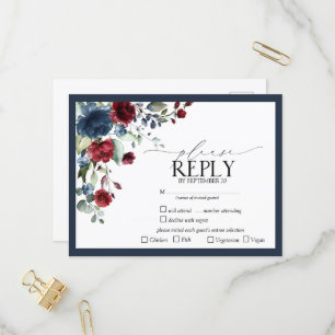 Invitation Carte Postale Navy Blue Bourgogne Floral Aquarelle Script RSVP