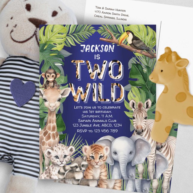 Invitation Carte Postale Navy Blue Safari thème Deux Wild 2e anniversaire (Navy Blue Two Wild Safari, boy 2nd Birthday postcard invitation.)