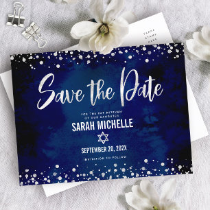 Invitation Carte Postale Navy Silver Bat Mitzvah Date de sauvegarde Écritur
