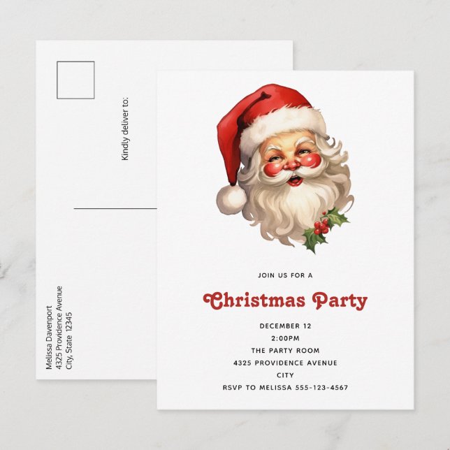 Invitation Carte Postale Noël de style rétro Holly Jolly Santa Claus (Devant / Derrière)