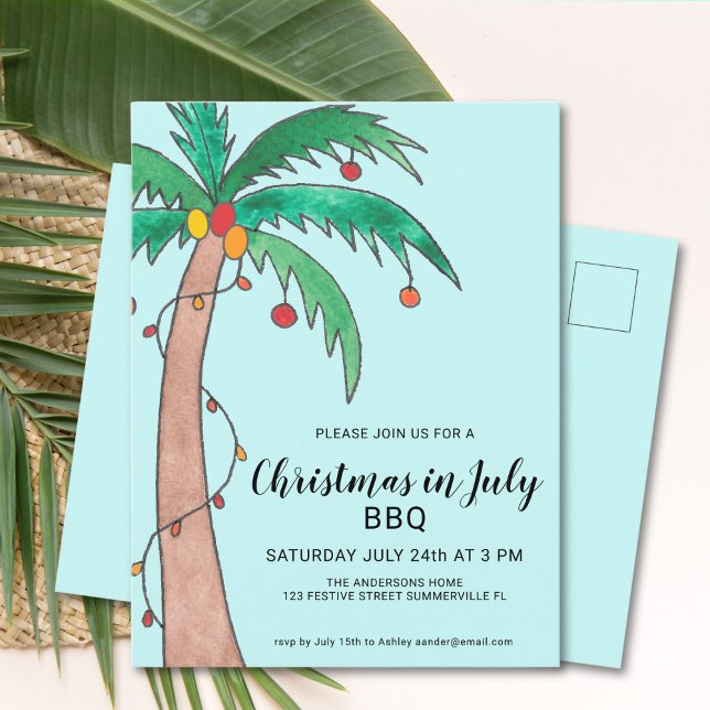 Invitation Carte Postale Noël En Juillet BBQ Palm Tree (Créateur téléchargé)