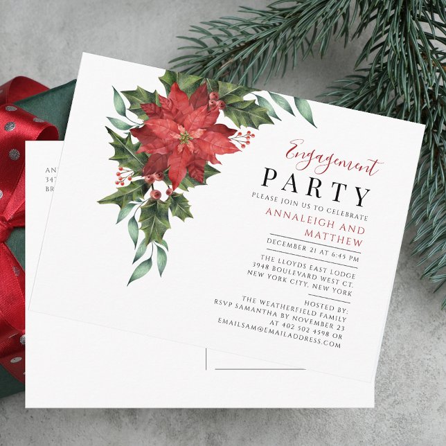 Invitation Carte Postale Noël Fête de fiançailles Florale (Christmas Holiday Engagement Party Floral Invitation Postcard)